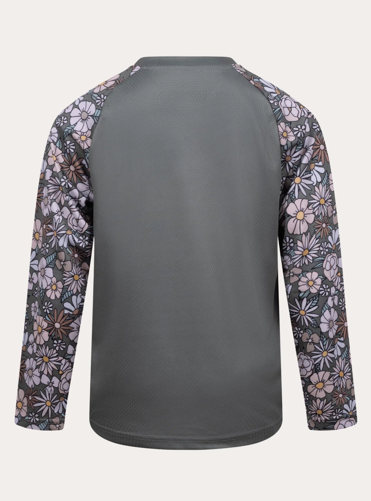 Back view of youth mountain bike jersey with solid dark gray body and retro floral patterned long sleeves