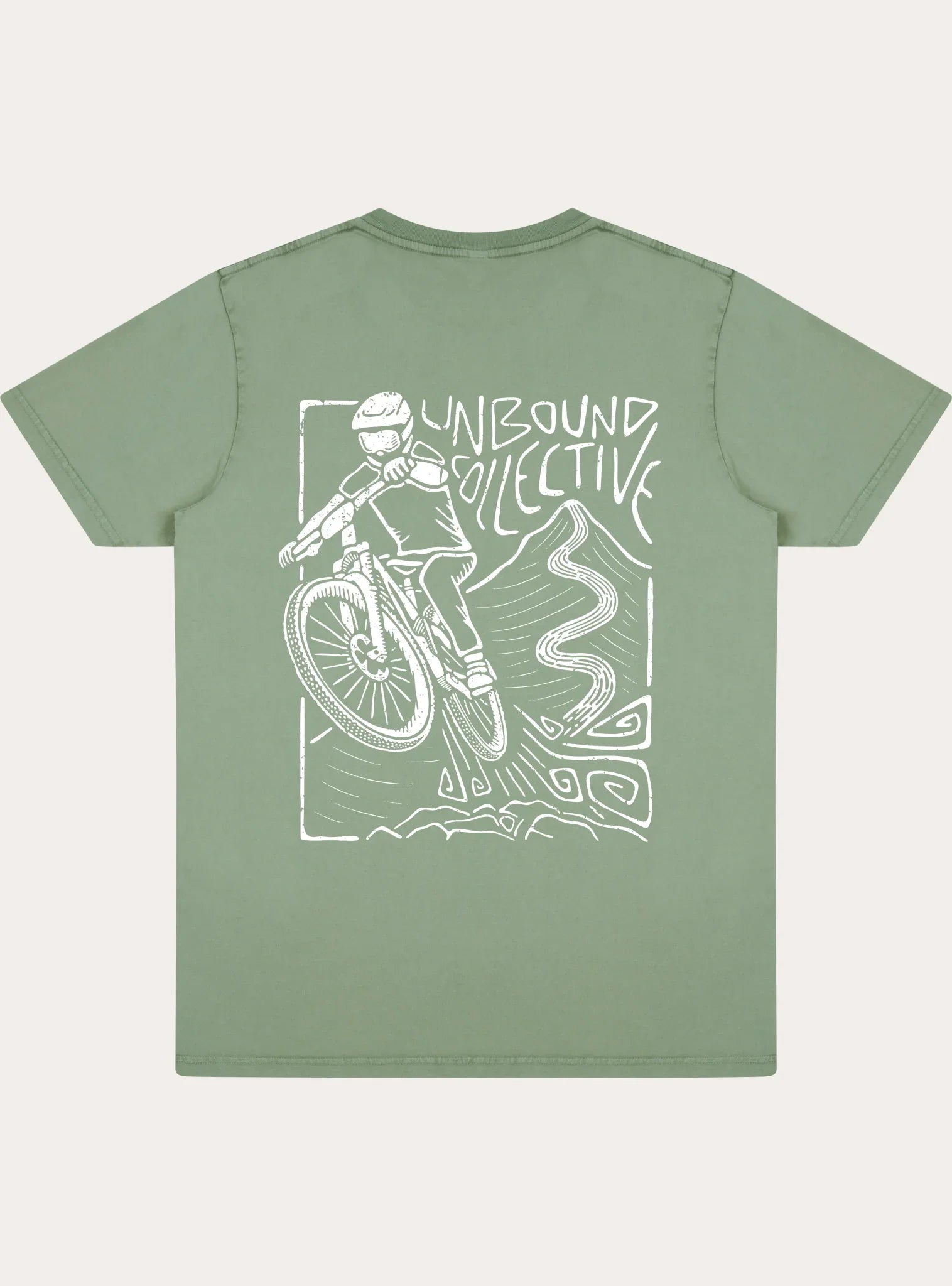 sage green unisex tee with white mountain bike rider graphic and 'Unbound Collective' text on back