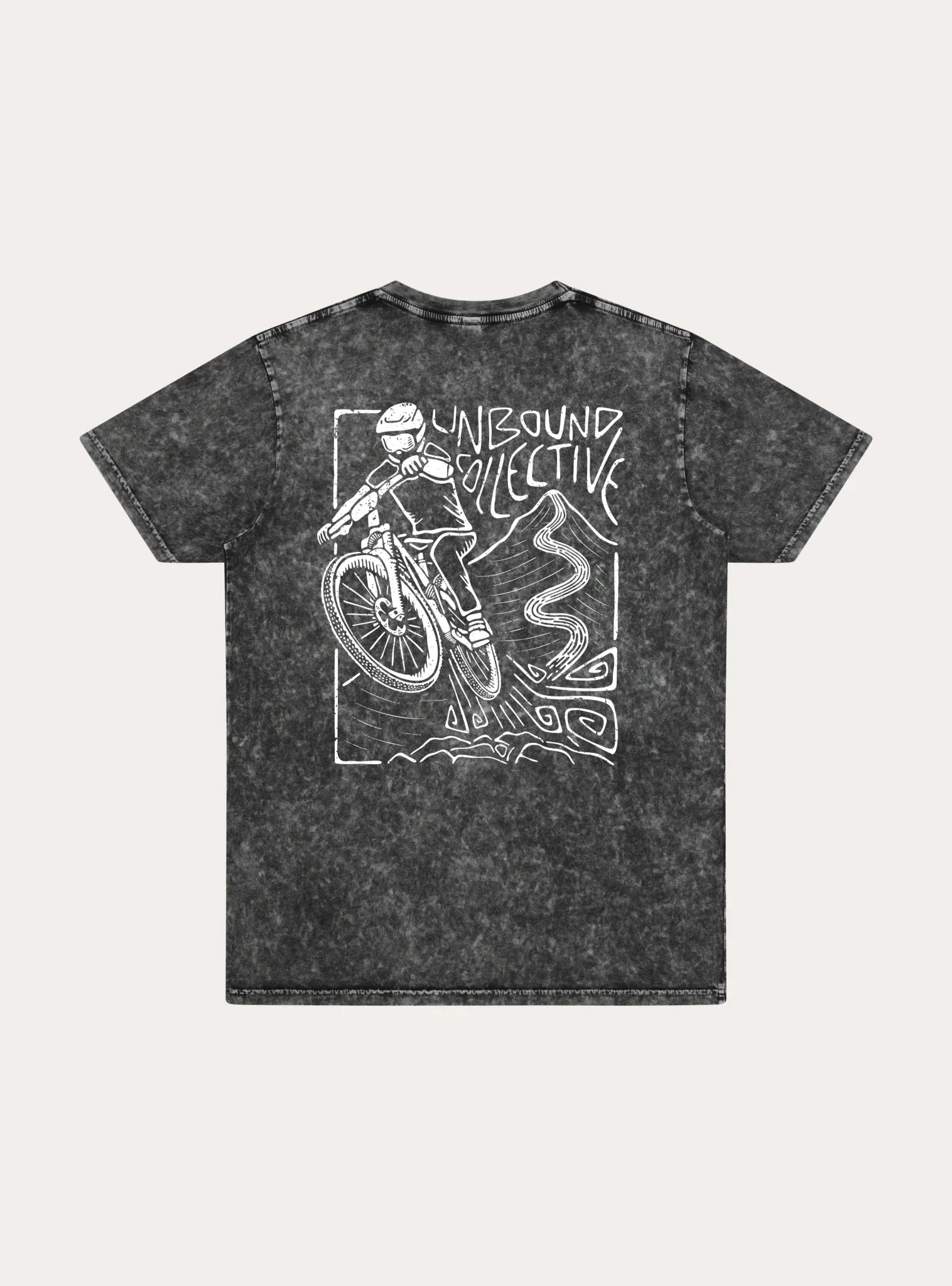 Unbound Collective black youth tee with white mountain biker graphic and mountain trail design on back
