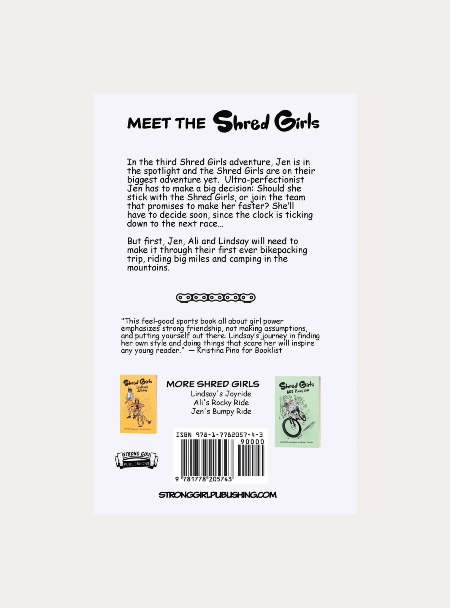 Back cover of Shred Girls book featuring Jen's bikepacking adventure, girl power, and friendship