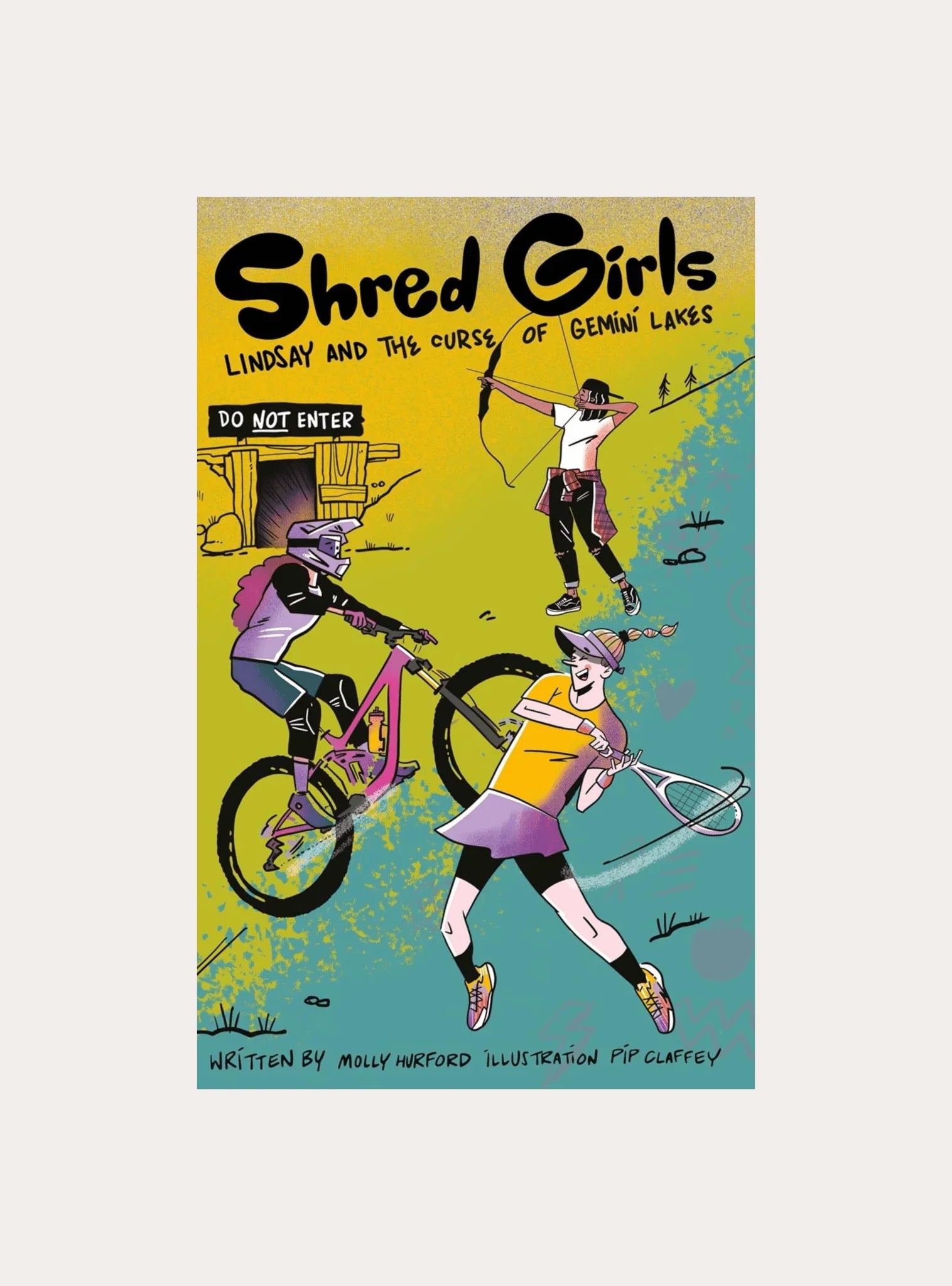 Illustration of three active girls: mountain biker, archer, and tennis player on yellow and teal background with 'Shred Girls' title