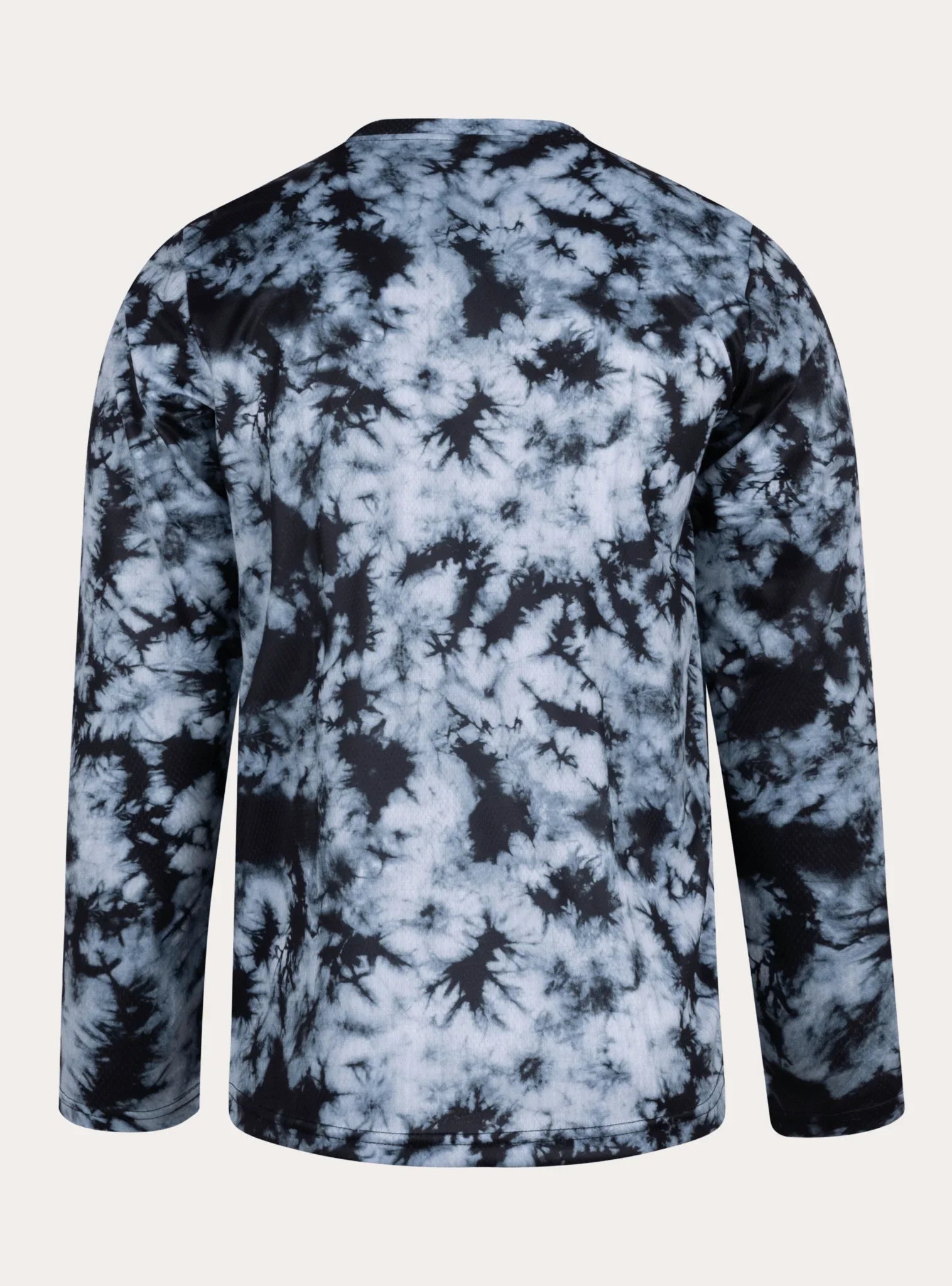 Back view of men's long sleeve mountain bike jersey with black and white smoke tie-dye design