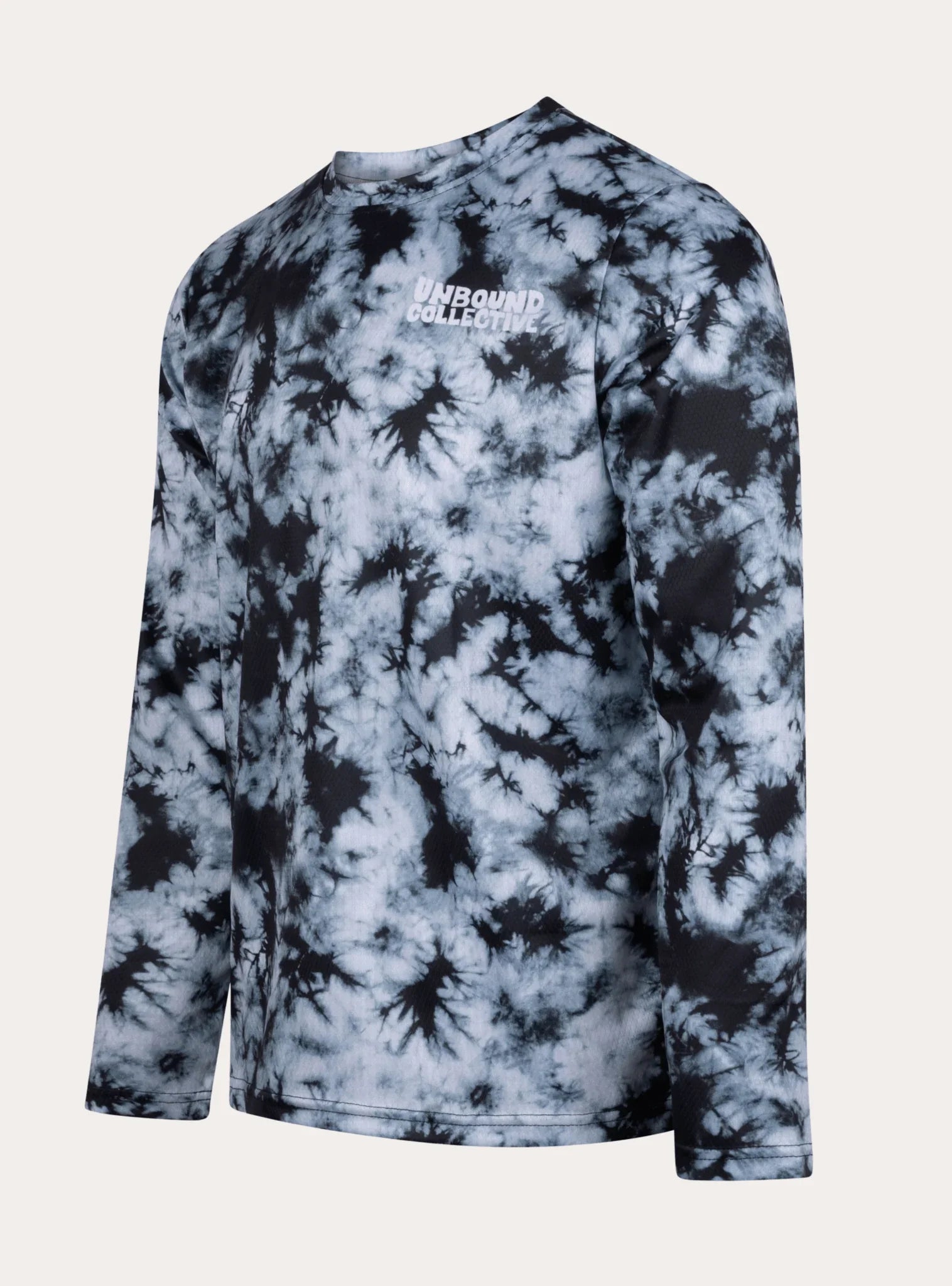 Unbound Collective men's long sleeve mountain bike jersey with black and white smoke tie-dye design
