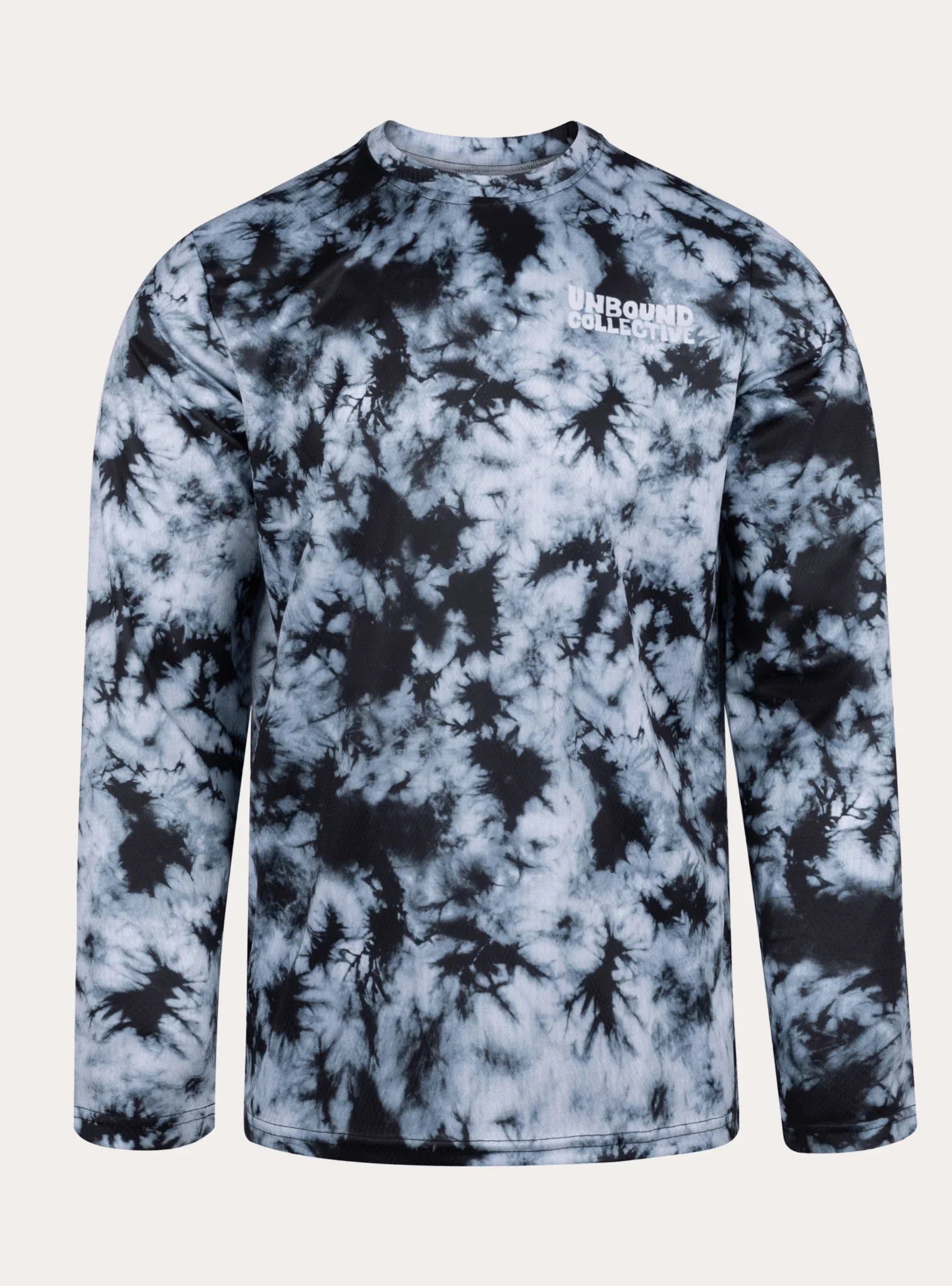 Unbound Collective men's long sleeve MTB jersey with black and gray smoke tie-dye pattern