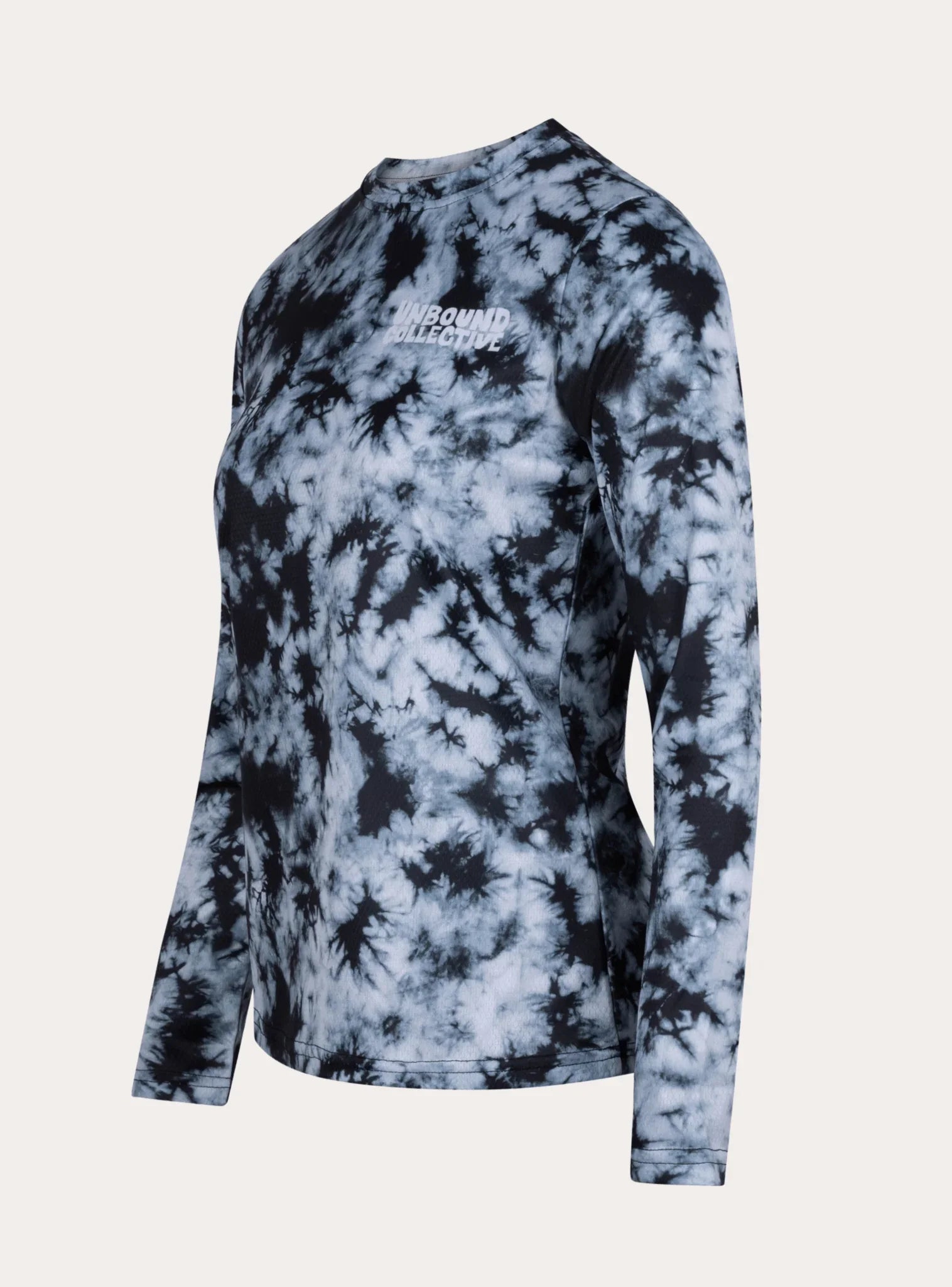Women's long sleeve mountain bike jersey in black and white smoke tie-dye pattern with Unbound Collective logo