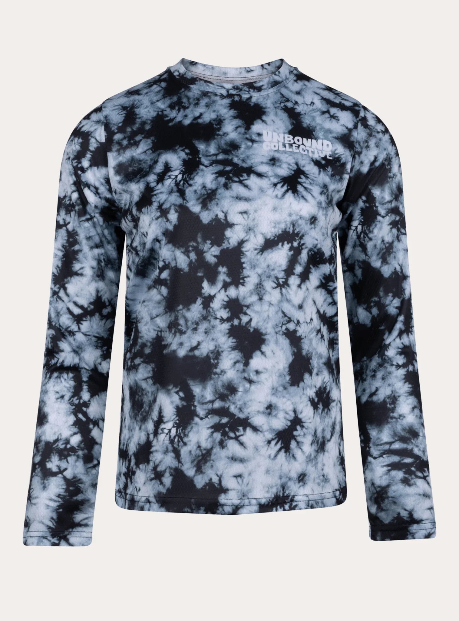 Unbound Collective women's long sleeve MTB jersey in black and white smoke tie-dye pattern with logo