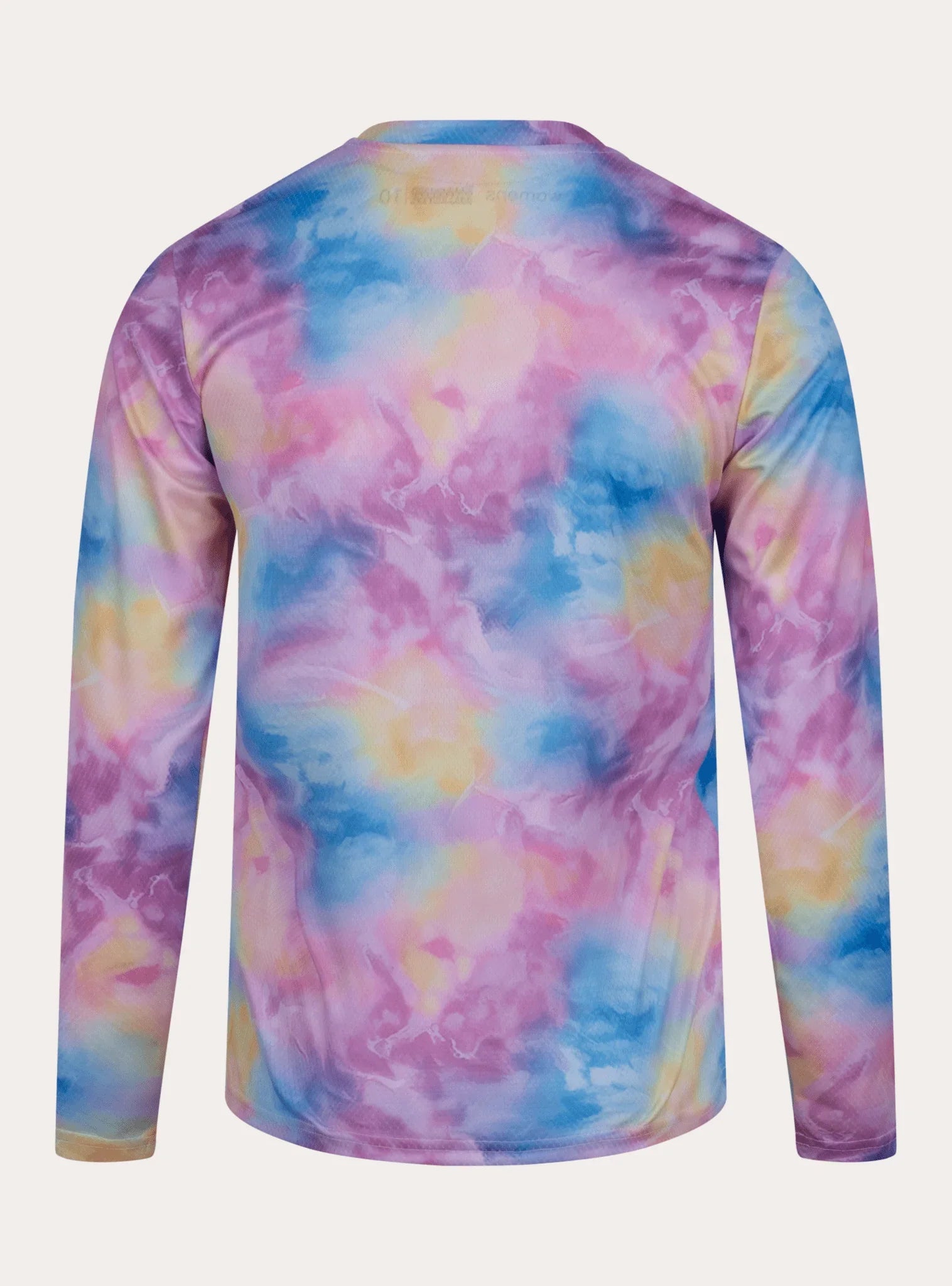 Back view of women's long-sleeve mountain bike jersey with pastel tie-dye pattern in pink, blue, and yellow