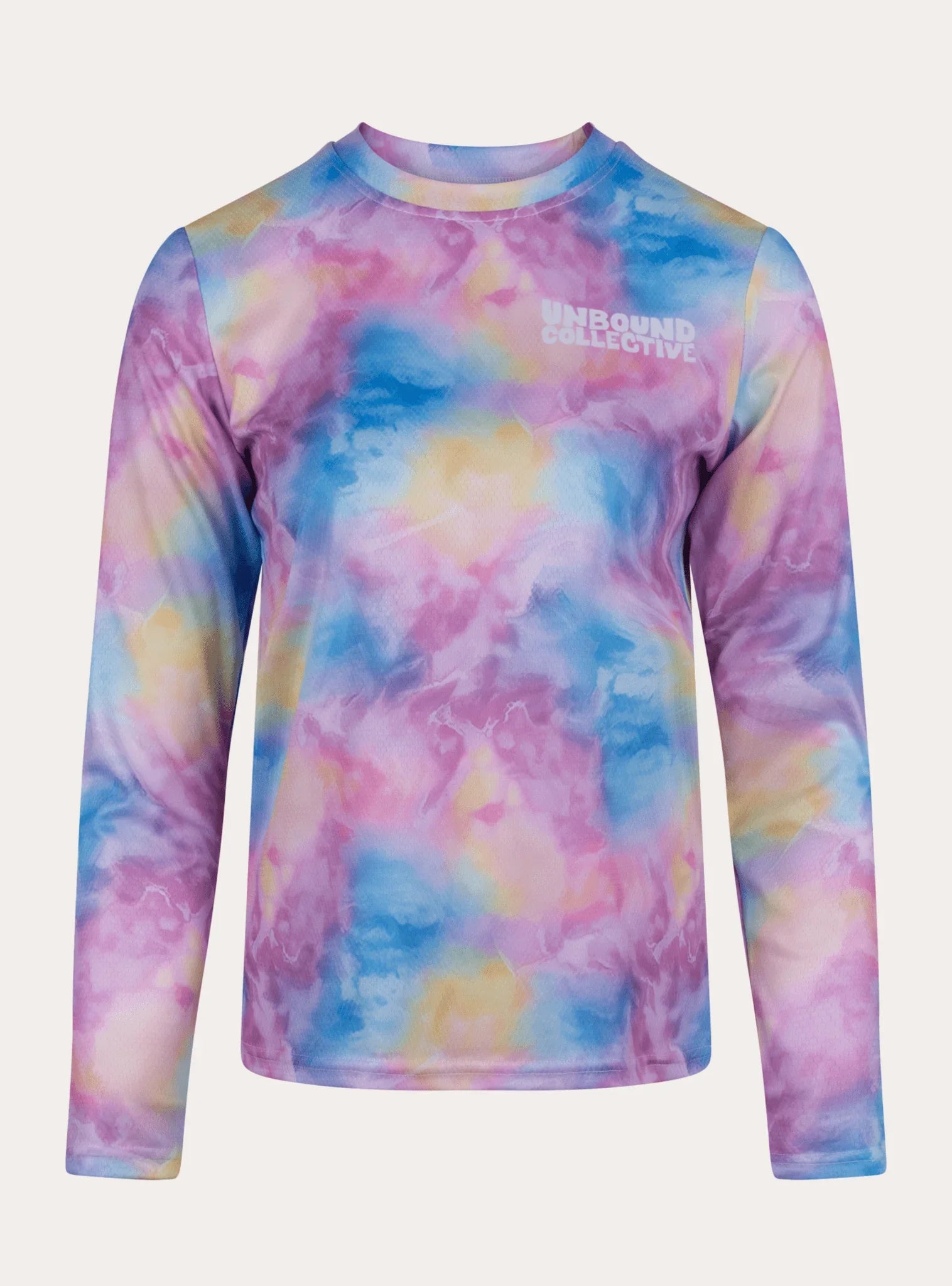 Women's long sleeve tie-dye mountain bike jersey in pastel pink, blue, and yellow with Unbound Collective logo