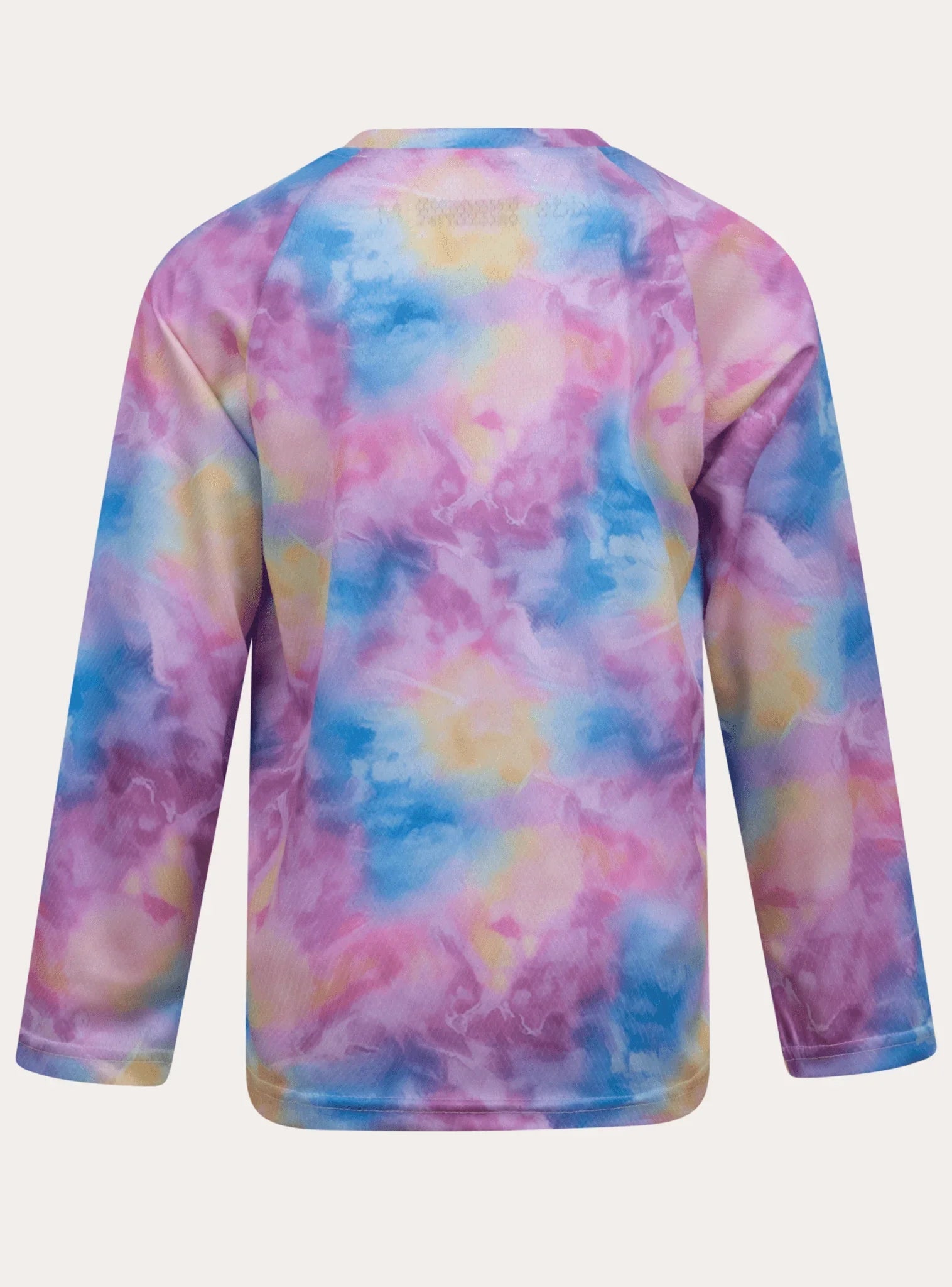 Youth long sleeve mountain bike jersey with colorful tie dye pattern in pink, blue, and yellow