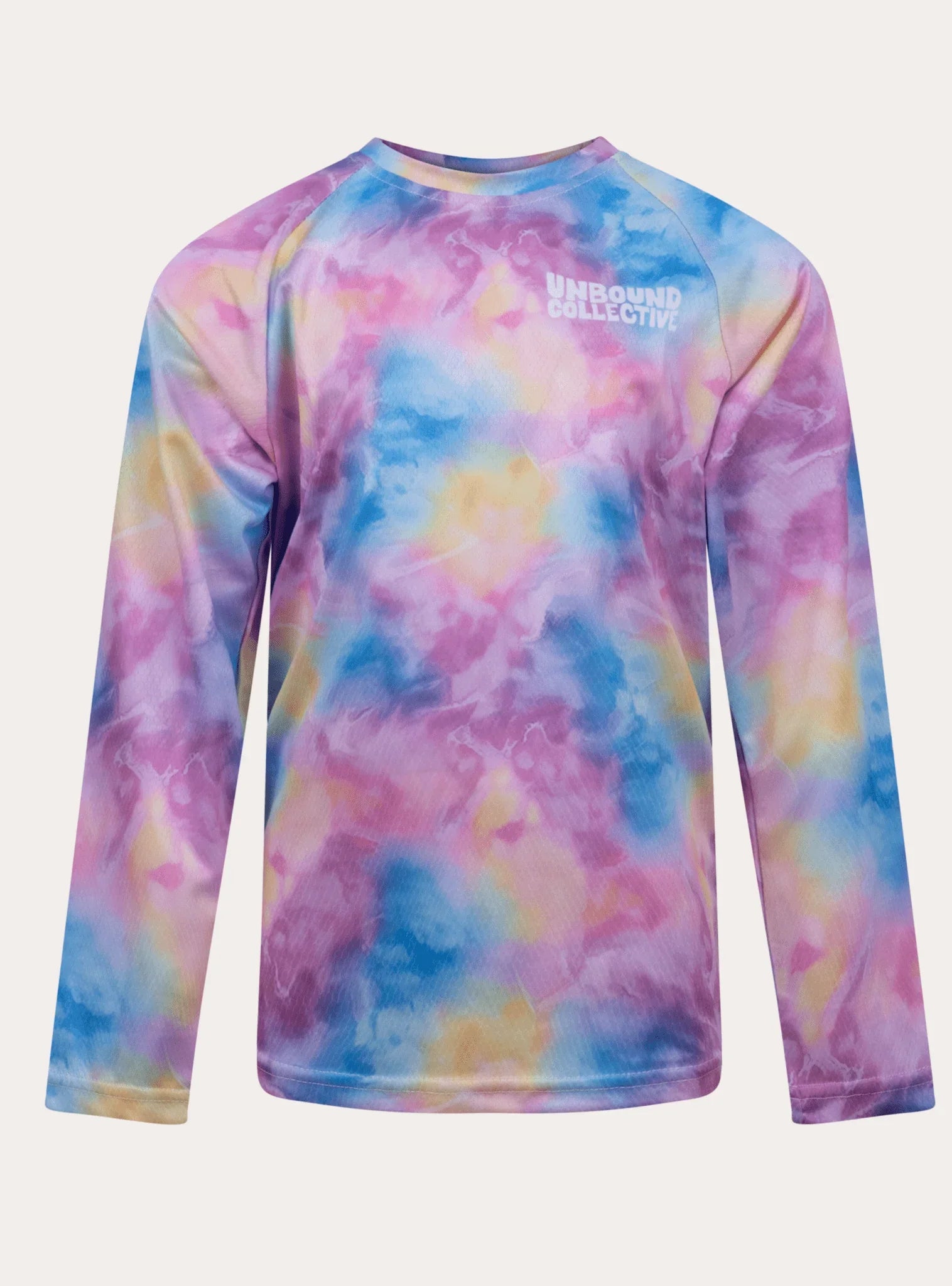 Tie-dye youth mountain bike jersey with long sleeves in pastel pink, blue, and yellow by Unbound Collective