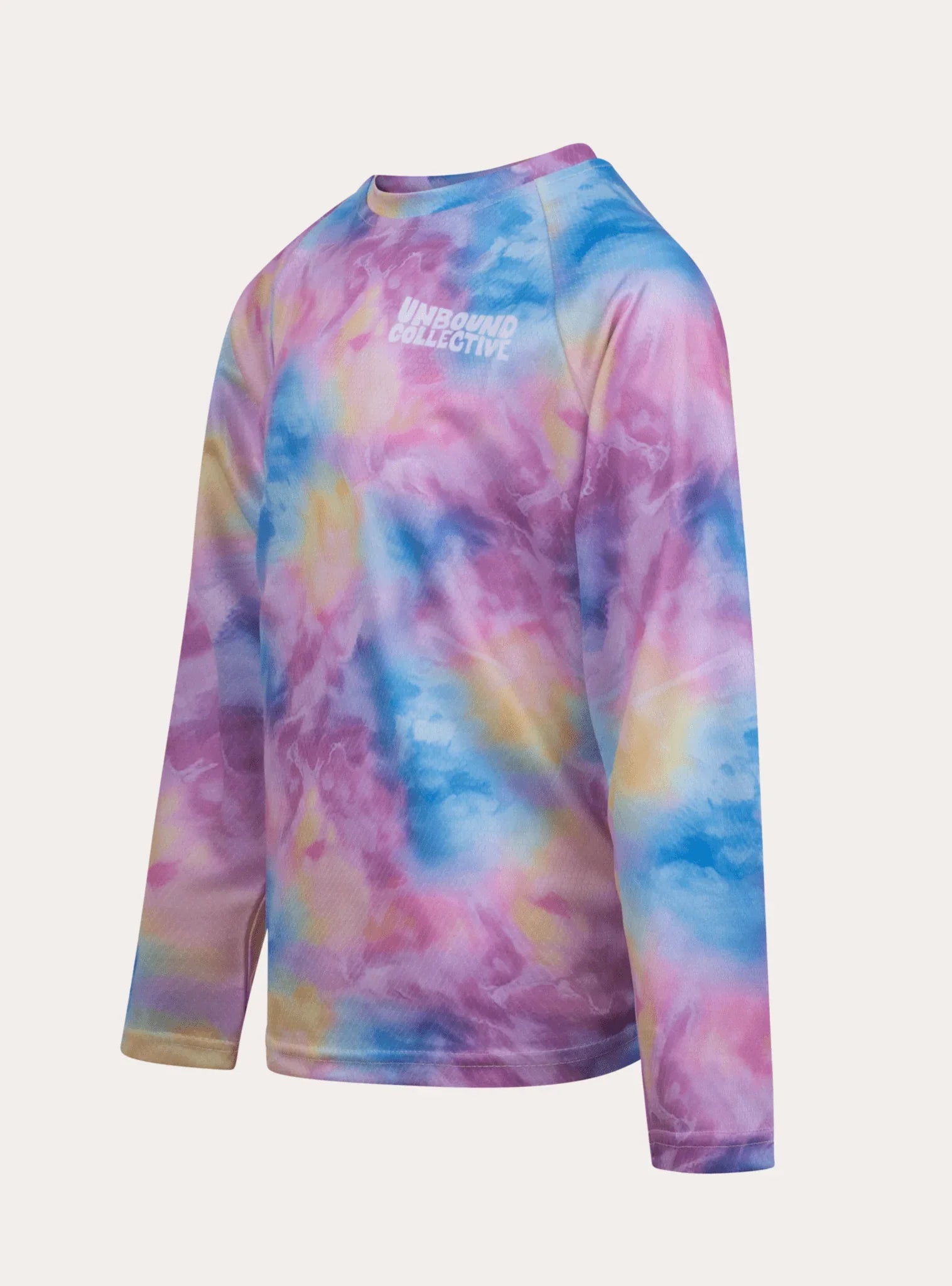 Youth long-sleeve mountain bike jersey with colorful tie-dye pattern and Unbound Collective logo