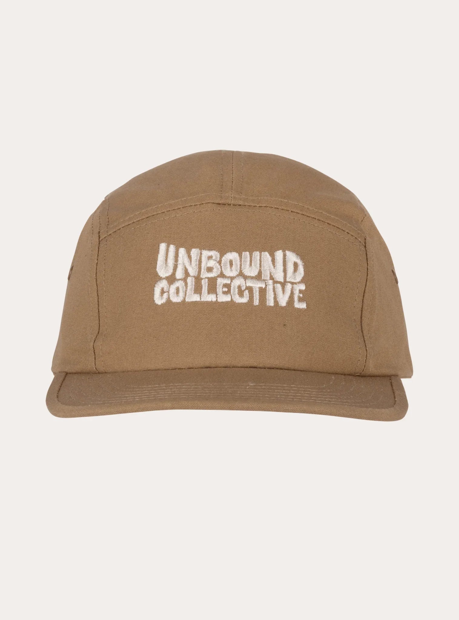 Brown 5-panel hat with white embroidered Unbound Collective logo, sustainable mountain bike accessory