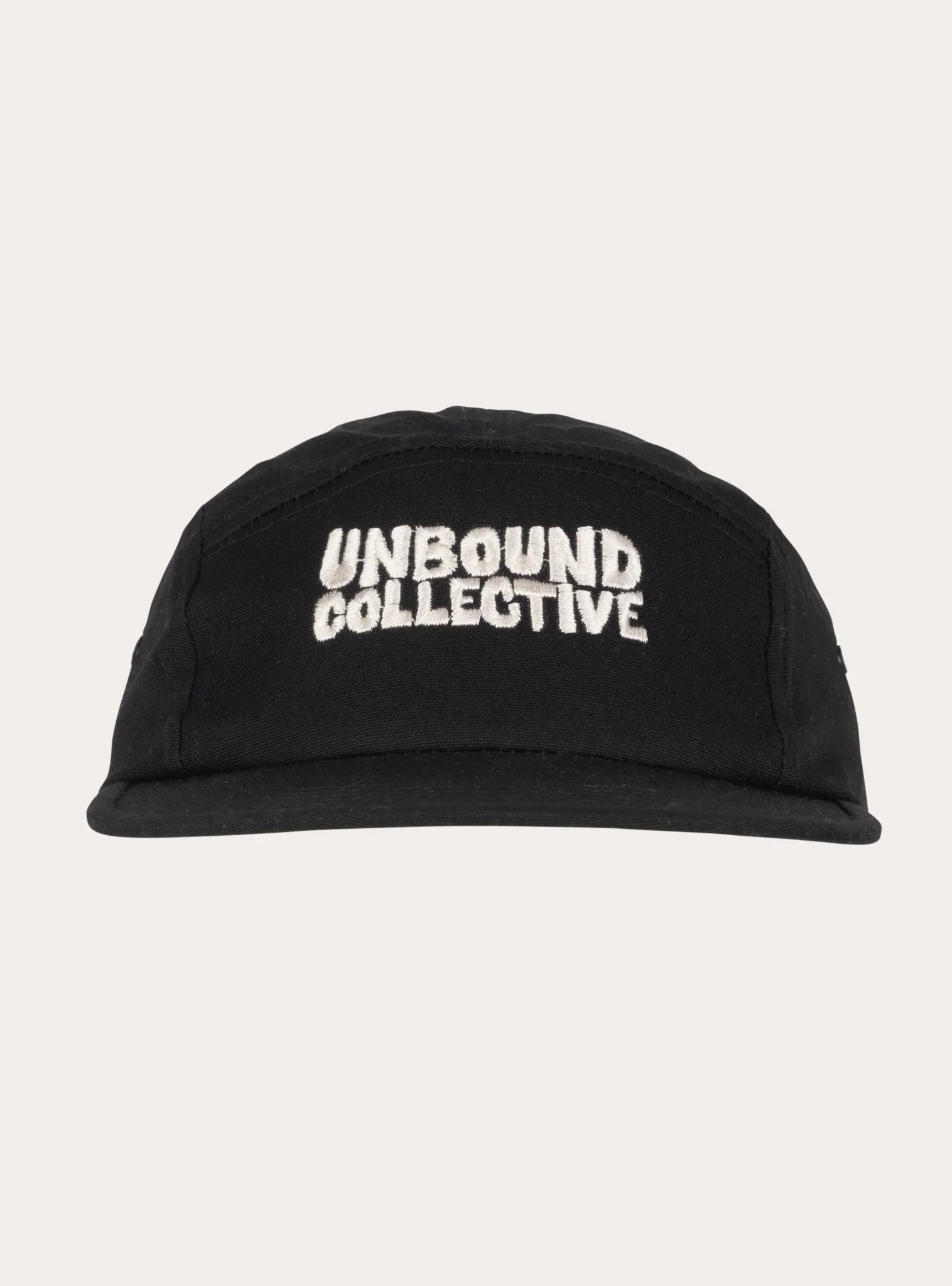 Black Unbound Collective 5-panel hat with white embroidered logo front