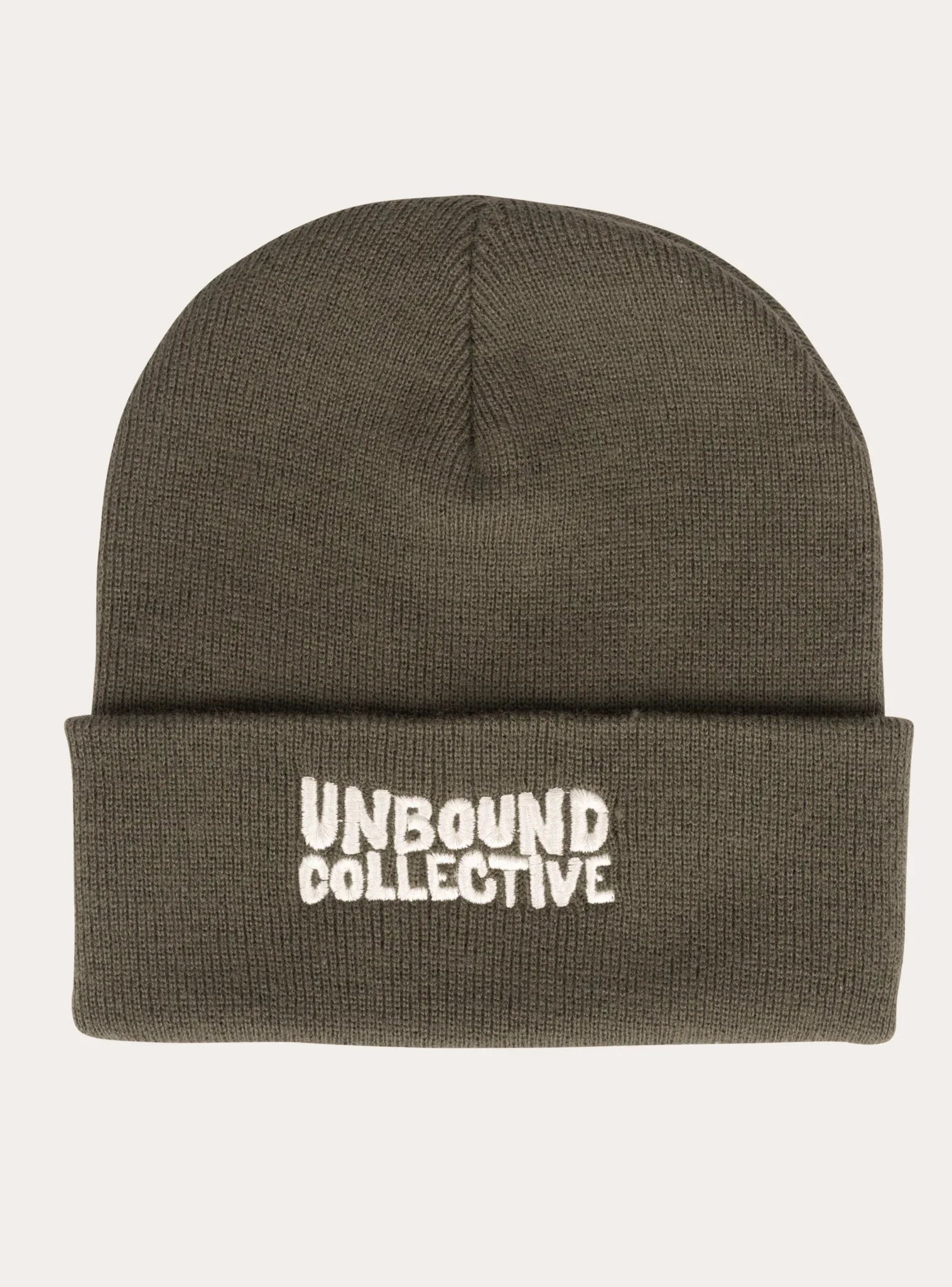 Olive green knit beanie hat with folded cuff featuring white embroidered Unbound Collective logo