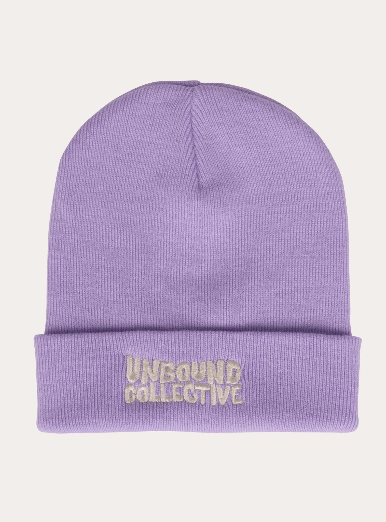 Lavender knit beanie hat with folded cuff embroidered with Unbound Collective logo