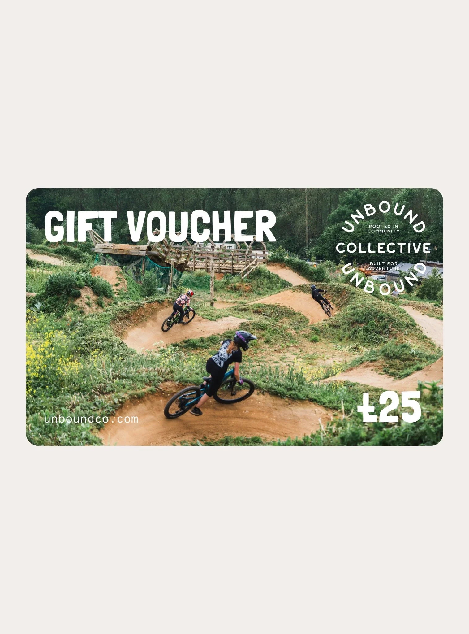 Unbound Collective gift voucher featuring mountain bikers riding on a dirt trail in a forested area, with logo and website unboundco.com