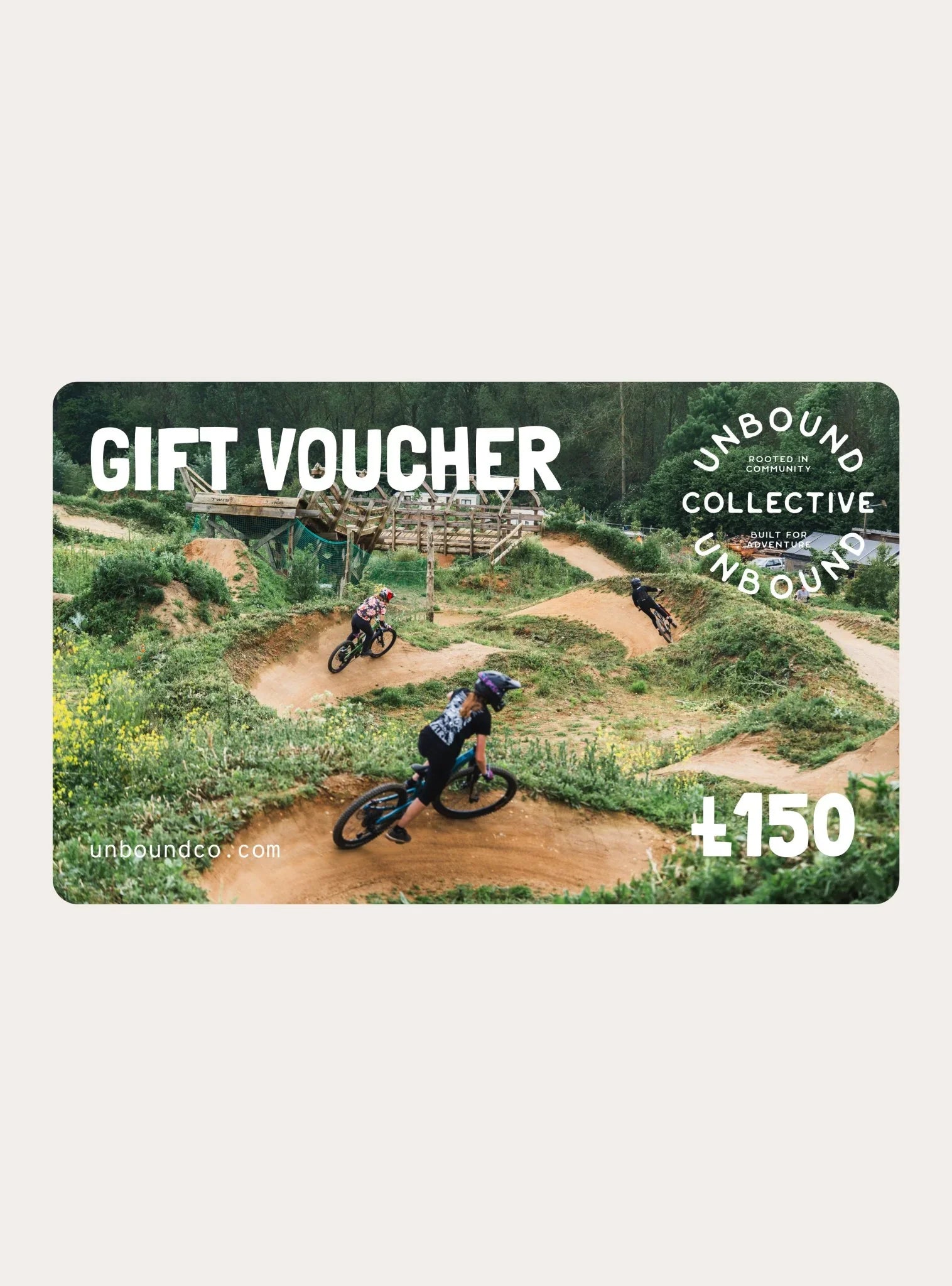 Unbound Collective gift voucher featuring mountain bikers riding a dirt trail, sustainable MTB apparel branding