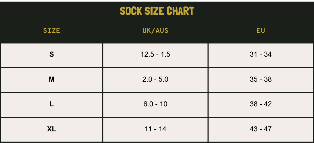 Sock size chart showing UK/AUS and EU sizes for small, medium, large, and XL socks from Unbound Collective