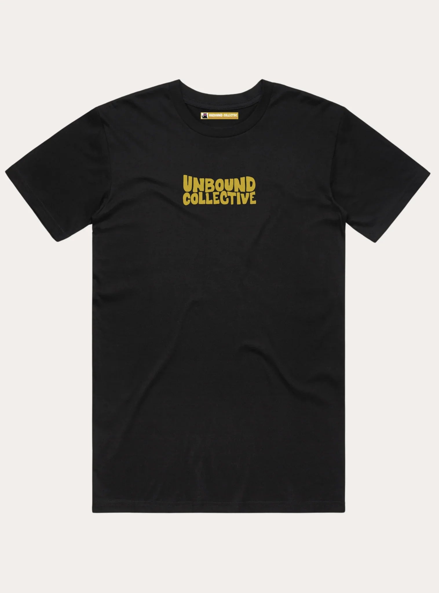 Black Unbound Collective men's tee with mustard yellow logo text on chest, sustainable mountain bike apparel