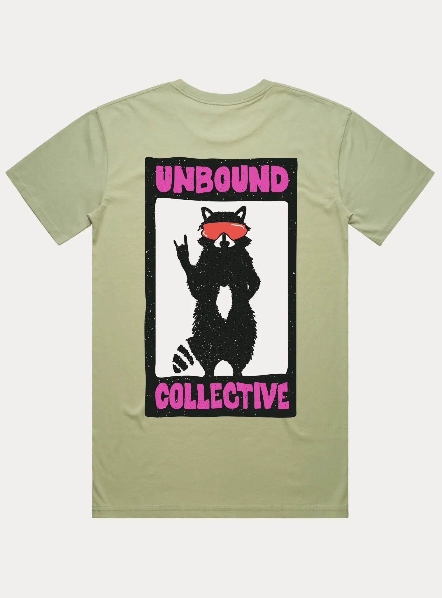 Men's sage green t-shirt with graphic of raccoon wearing red sunglasses and text 'Unbound Collective' in pink