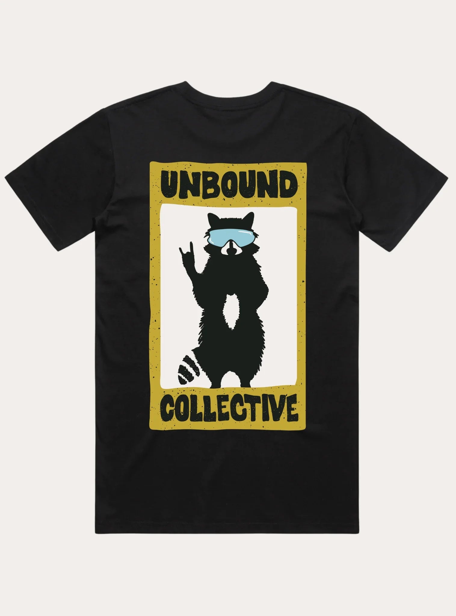 Black men's t-shirt with raccoon wearing blue sunglasses and hand sign, text 'UNBOUND COLLECTIVE' in yellow frame