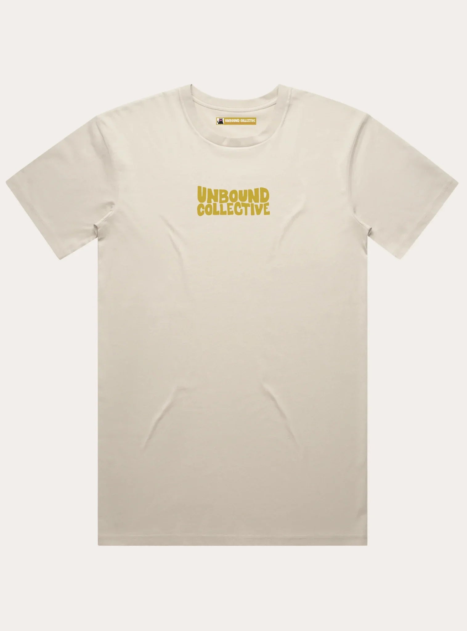 Beige men's t-shirt with yellow Unbound Collective logo text on chest, sustainable mountain bike apparel