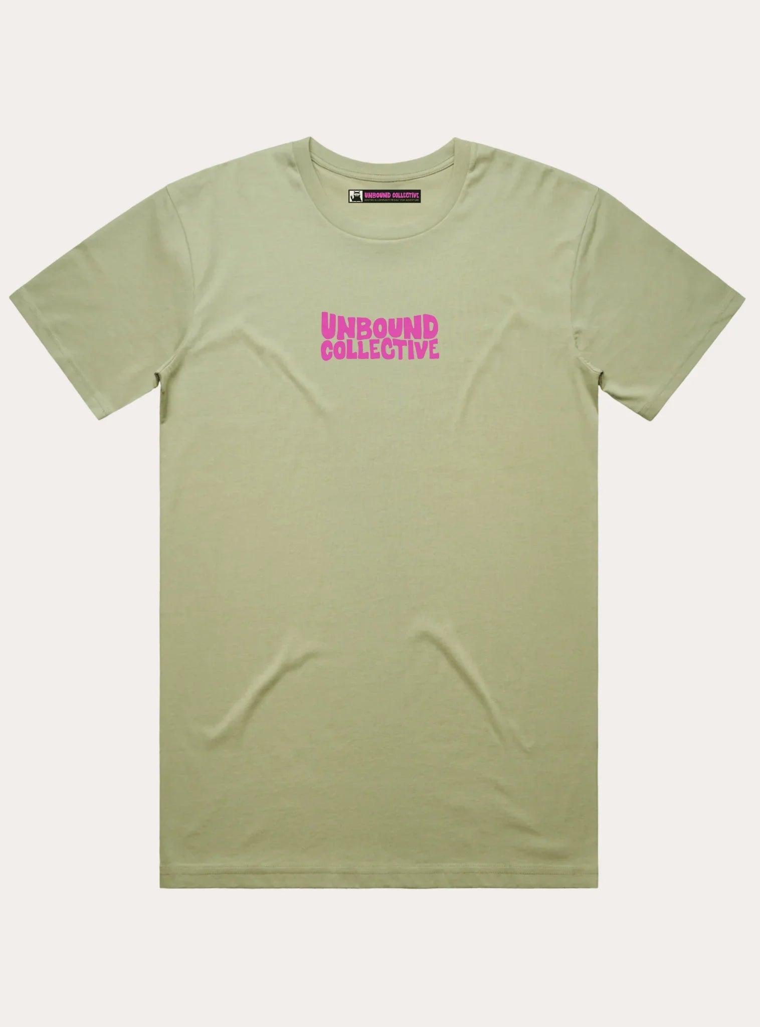 Light green men's T-shirt with pink Unbound Collective logo, sustainable mountain bike apparel