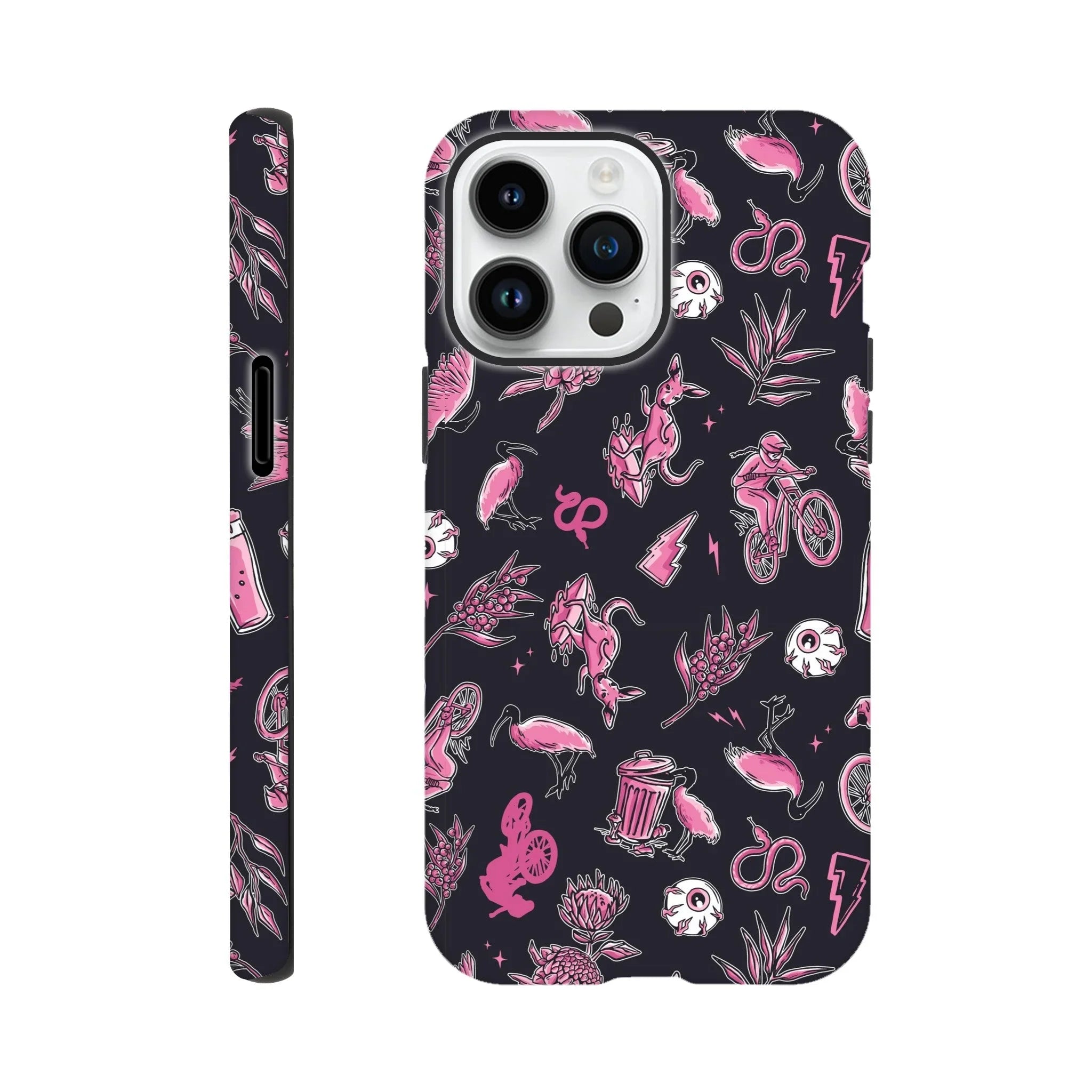 Black iPhone case with pink and white Australian-themed illustrations including kangaroos, cyclists, and native plants