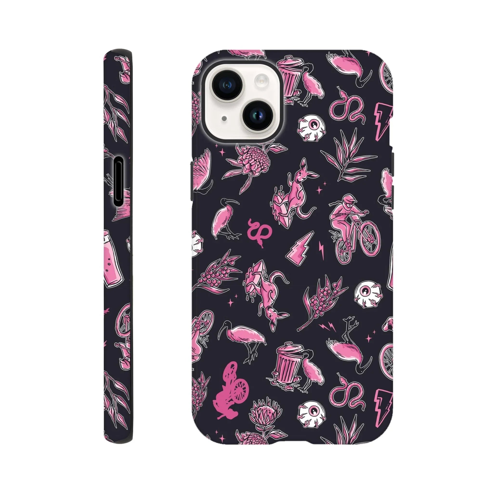 Tough iPhone case with black background featuring pink and white Australian wildlife, mountain biker, and nature motifs