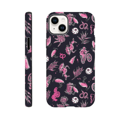 Tough iPhone case with black background featuring pink and white Australian wildlife, mountain biker, and nature motifs