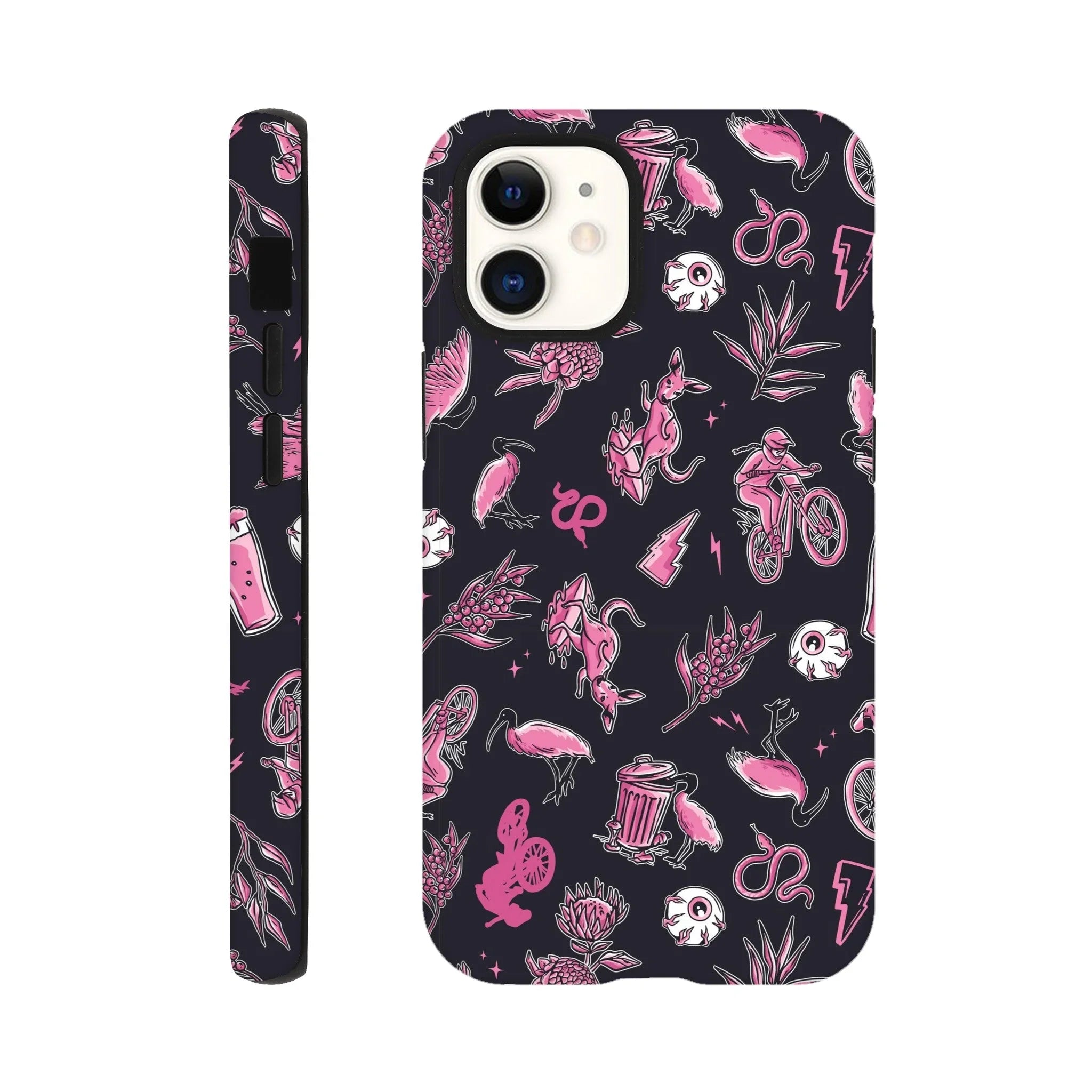 Tough iPhone case with black background and pink Australian-themed illustrations including kangaroos, mountain bikers, birds, plants, and skulls