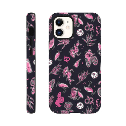 Tough iPhone case with black background and pink Australian-themed illustrations including kangaroos, mountain bikers, birds, plants, and skulls