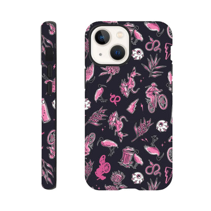 Black and pink tough iPhone case with mountain biking, kangaroo, flamingo, and Australian flora graphics