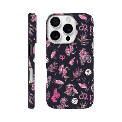 Black iPhone case with pink and white Aussie-themed illustrations including kangaroo, mountain biker, flamingo, skull, and plants
