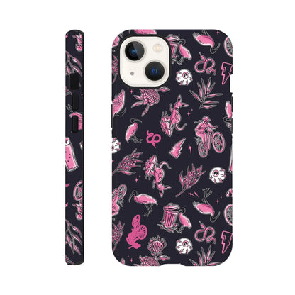Black iPhone case with pink Australian-themed illustrations, including kangaroo, cyclist, and native flora