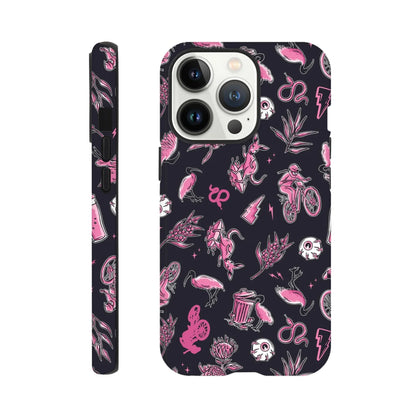 Black iPhone case with pink and white Australian-themed illustrations including kangaroos, mountain bikers, birds, plants, and lightning bolts