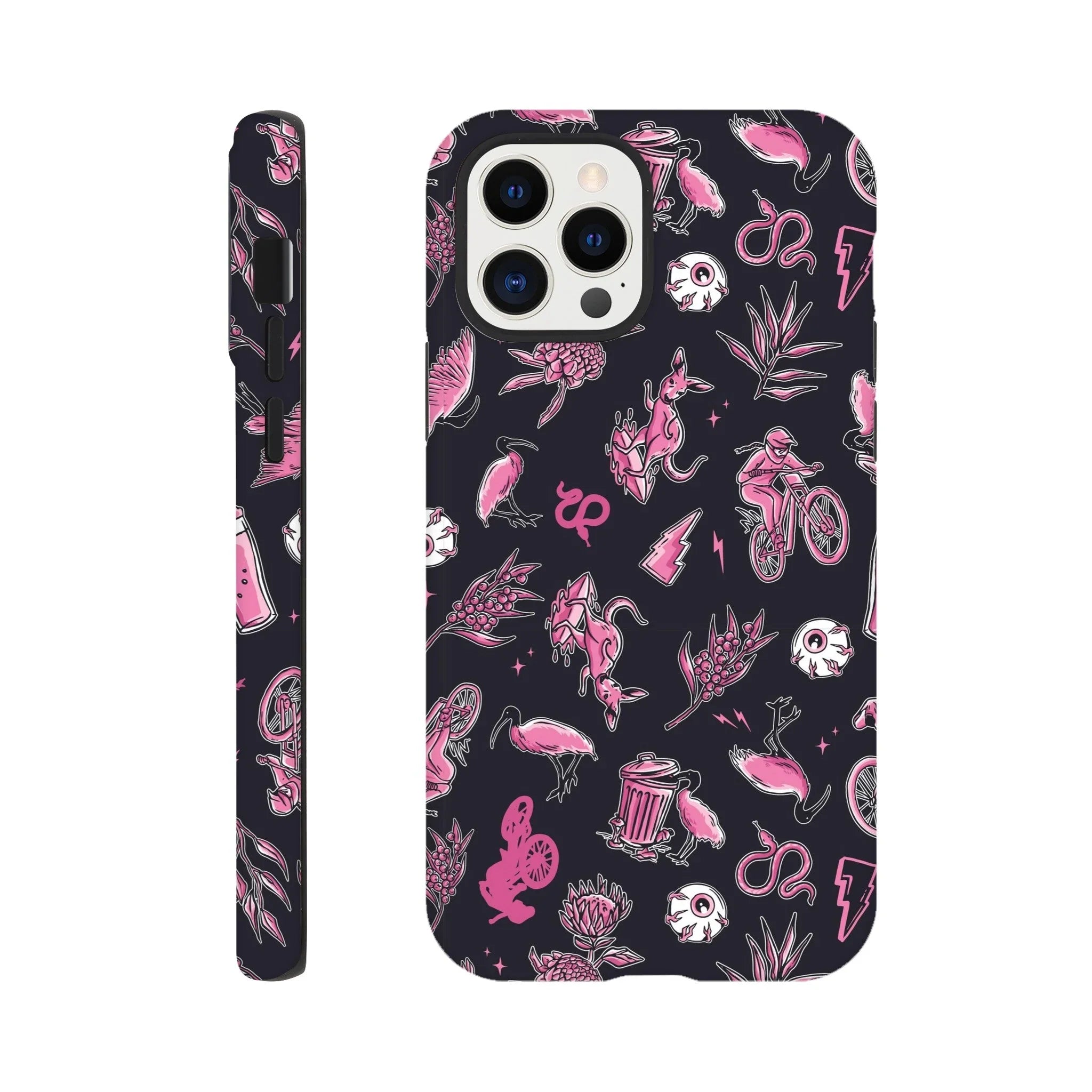 iPhone case with black background featuring pink Australian wildlife, mountain biking, and nature-inspired illustrations