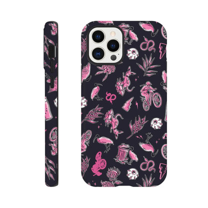 iPhone case with black background featuring pink Australian wildlife, mountain biking, and nature-inspired illustrations