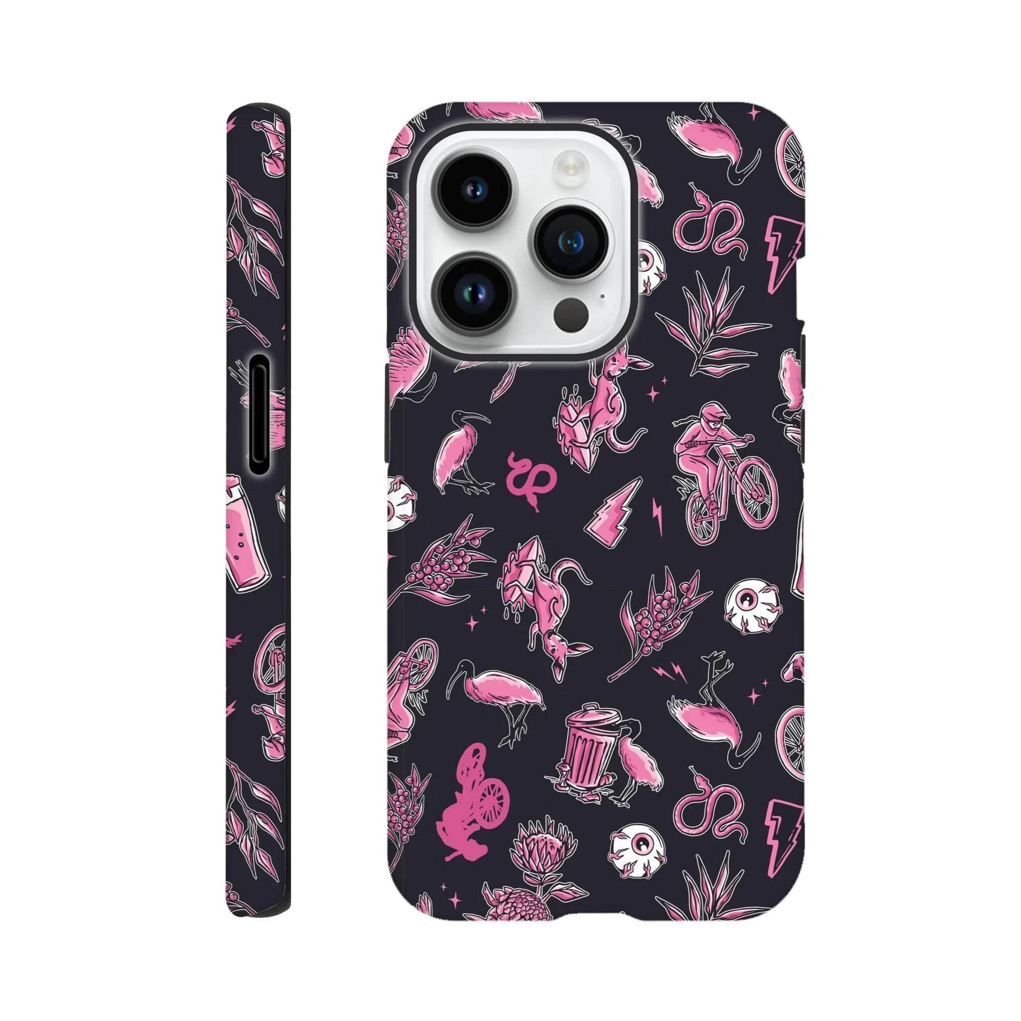 Black tough iPhone case with pink Australian-themed mountain bike and wildlife icons