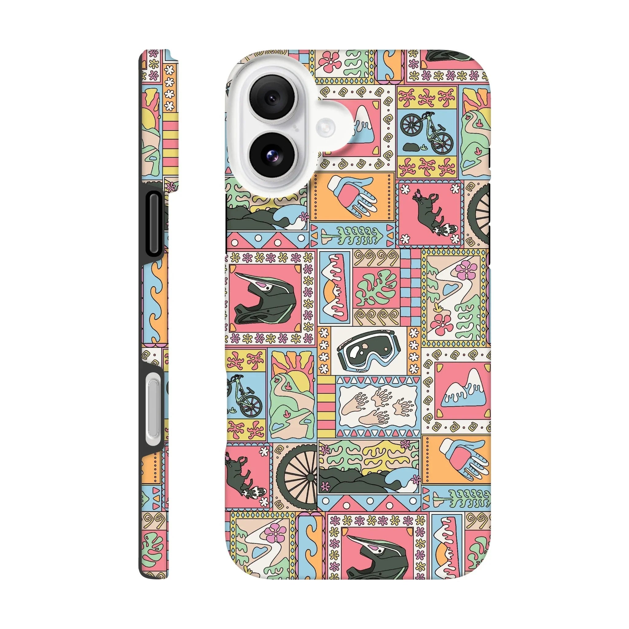 Unbound Collective iPhone case with colorful mountain bike-themed patchwork design featuring helmets, gloves, goggles, bike wheels, and nature illustrations