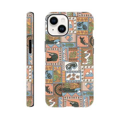 iPhone case with colorful mountain biking patchwork design featuring helmets, gloves, goggles, bikes, and nature motifs