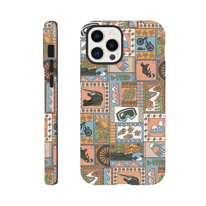 iPhone case with colorful mountain biking-themed illustrations including helmets, gloves, bikes, trails, and nature elements
