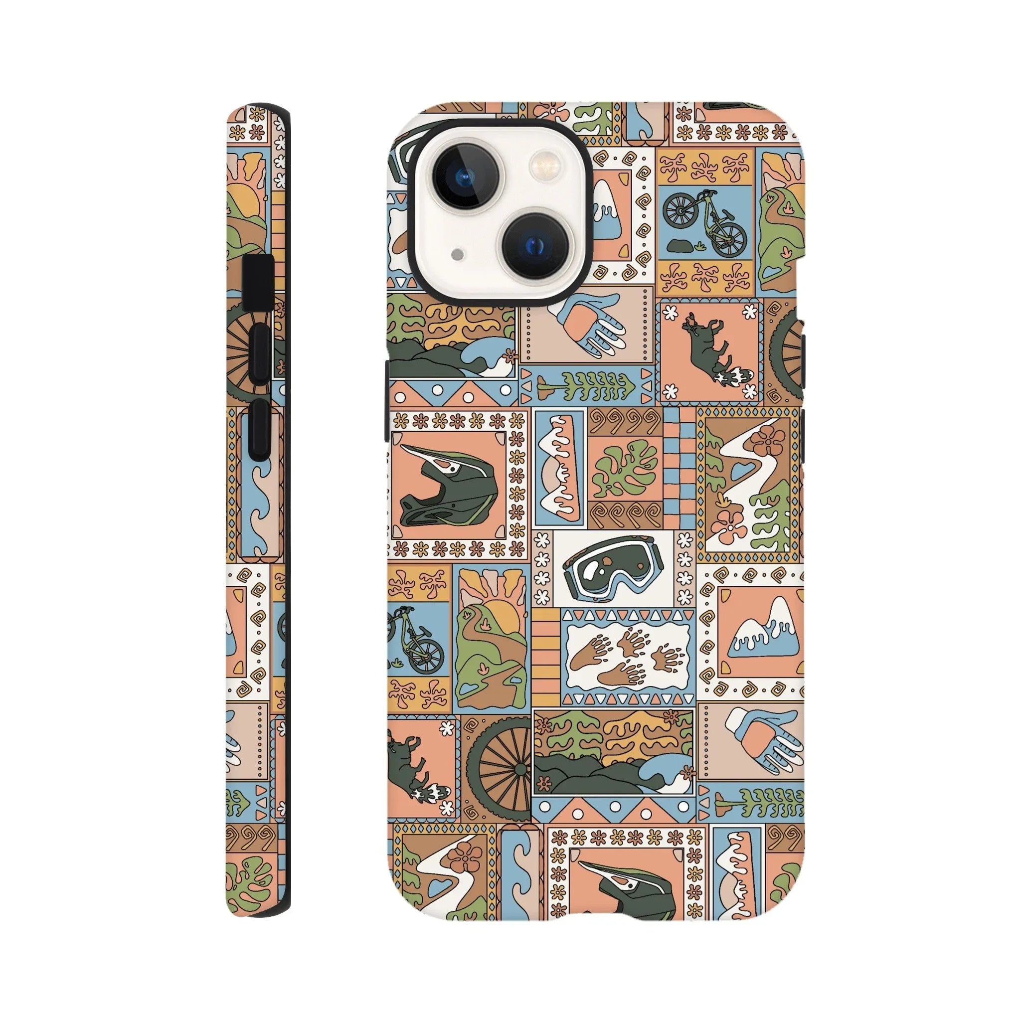 iPhone case with colorful mountain biking and nature patchwork design featuring helmets, goggles, gloves, bikes, and landscapes