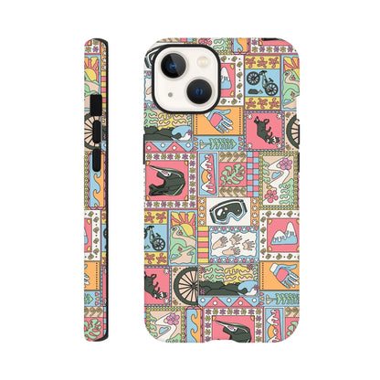 Colorful iPhone case with mountain biking graphics including helmet, gloves, bike, goggles, and nature motifs