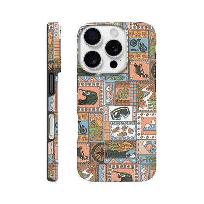 iPhone case featuring a colorful patchwork design with mountain biking elements like helmet, goggles, bike wheel, and trail motifs