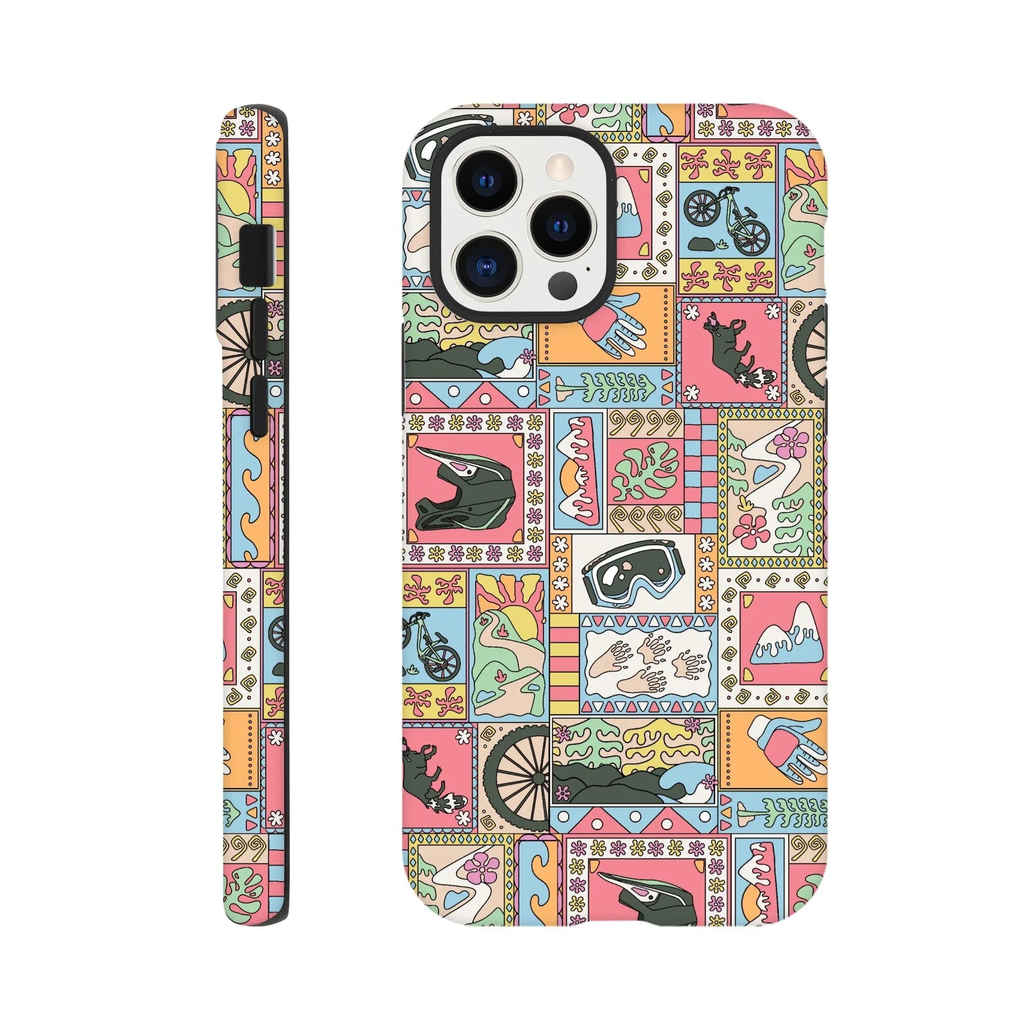 iPhone case with colorful mountain biking themed patchwork illustrations including bike, helmet, gloves, goggles, and mountains