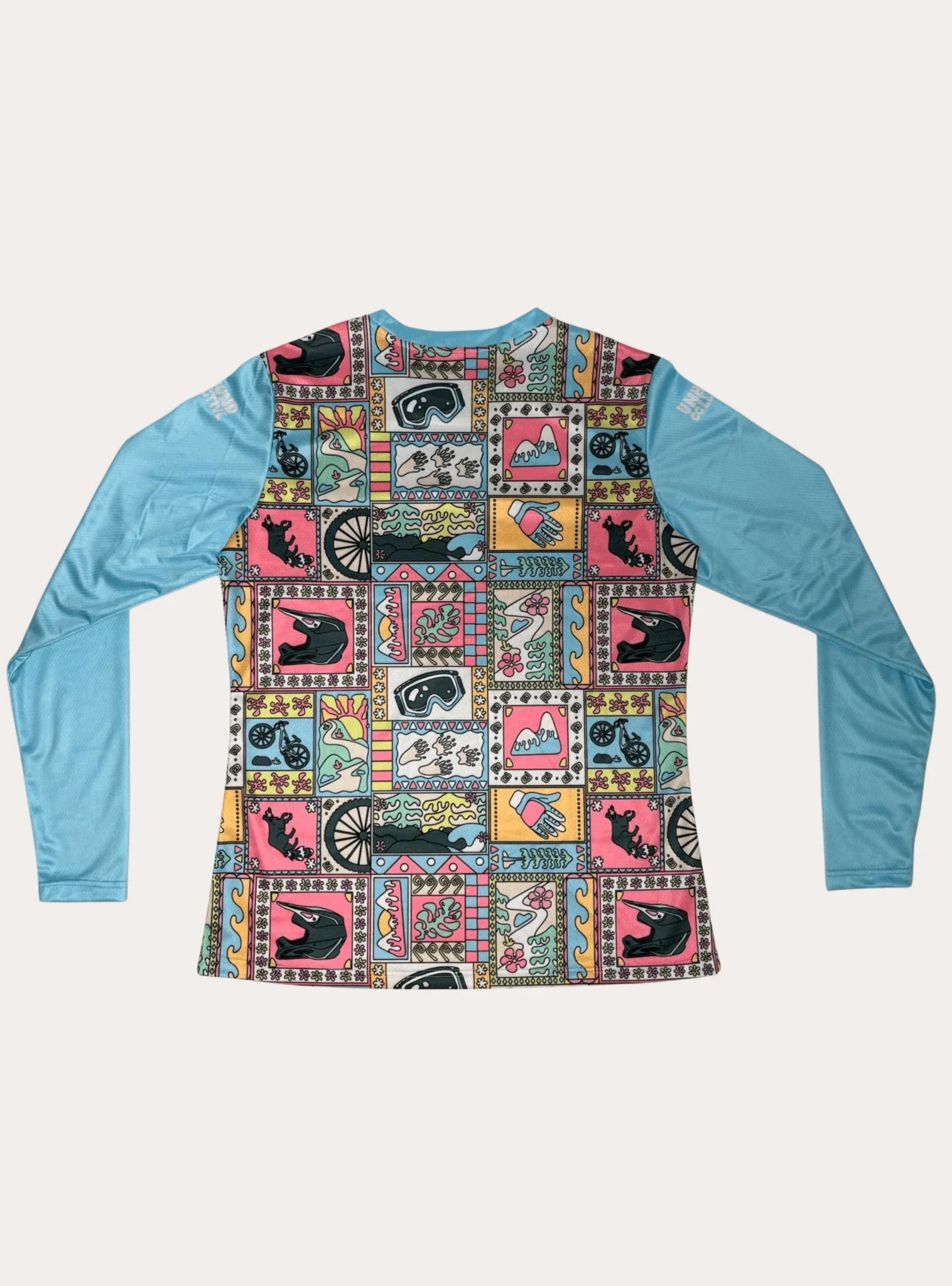 Women's long sleeve MTB jersey with colorful mountain biking icons and patterns on body, light blue sleeves