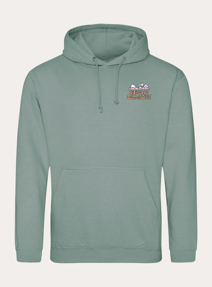 Sage green youth hoodie with front kangaroo pocket and small mountain design with 'Unbound Collective' text