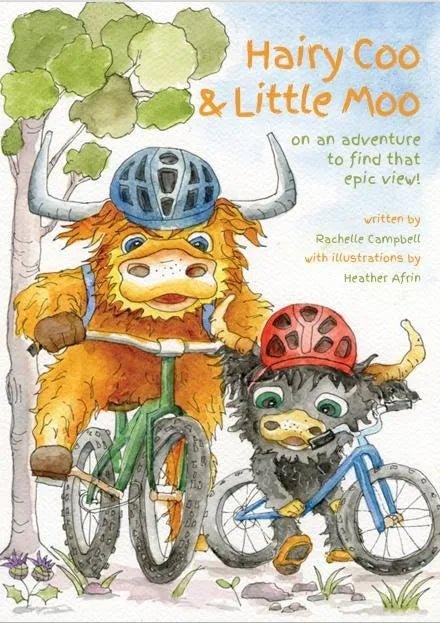Illustration of two mountain bikes riding Highland cows wearing helmets in a forest adventure scene