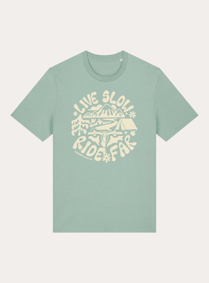 Sage green unisex tee with cream graphic of mountains, bike handlebars, camping tent, and text 'Live Slow Ride Far' by Unbound Collective